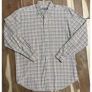 Hickey Freeman Men's 100% Cotton Long Sl Button Up Shirt Pink Green  Plaid Large